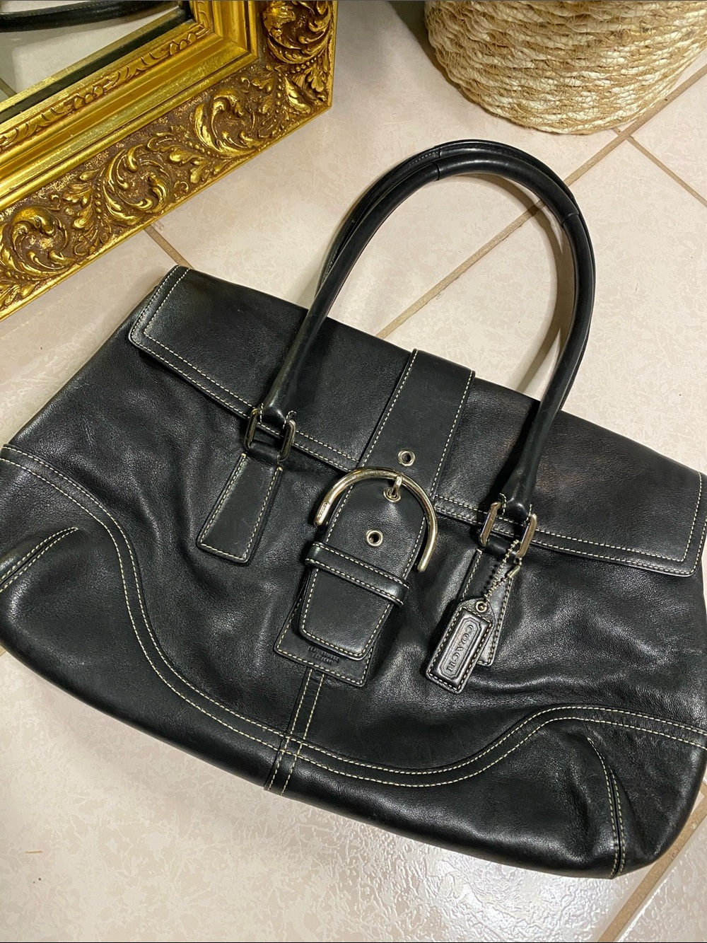 Vintage Coach Black Leather Satchel with Buckle Detail